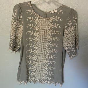 Loveshackfancy silk grey embroidered blouse top puff sleeve romantic vintage